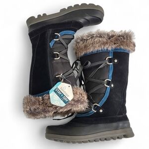Baretraps Women's Black Winter Boots W/Faux Fur & Blue Trim "Yardley" 8-1/2M NWT